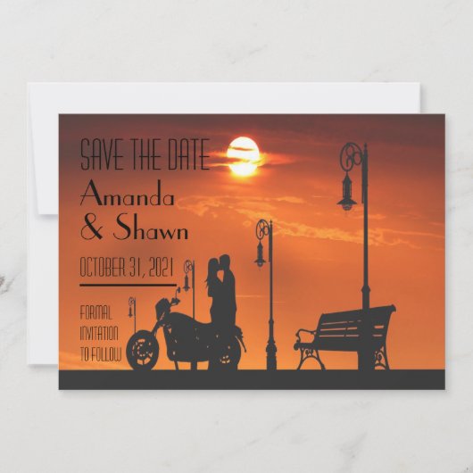 Invitation Sunset Motorcycle Couple Enregistrer la date Invit (Devant)