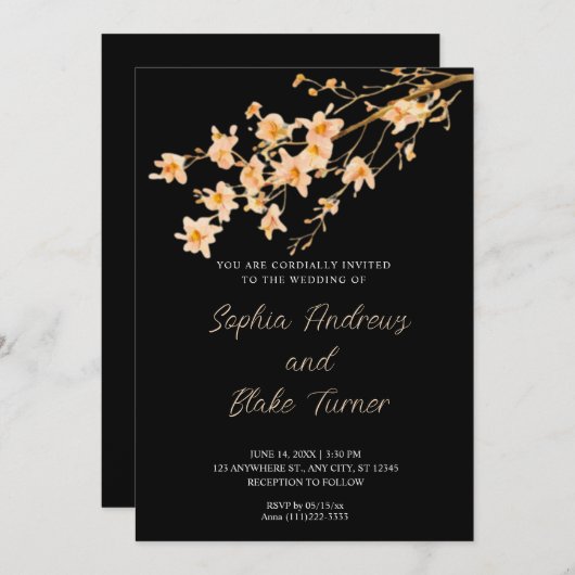 Invitation Sunset Orange Fleur sauvage Simple Mariage noir (Devant / Derrière)