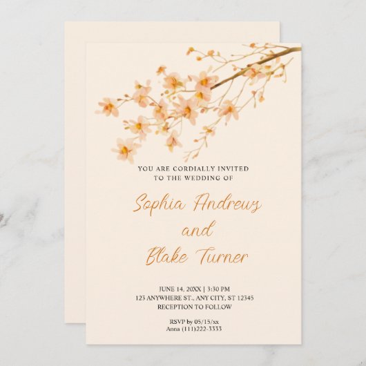 Invitation Sunset Orange Fleurs sauvages Simple Crem Mariage (Devant / Derrière)