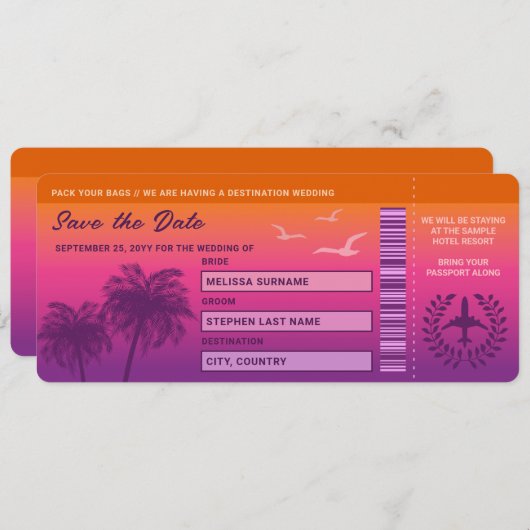 Invitation Sunset Palm Trees Faux Embarquement Pass Enregistr (Devant / Derrière)