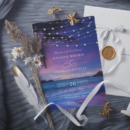 Invitation Sunset String Light Tropical Beach QR Code Wedding