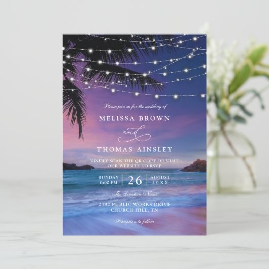 Invitation Sunset String Light Tropical Beach QR Code Wedding (Debout devant)