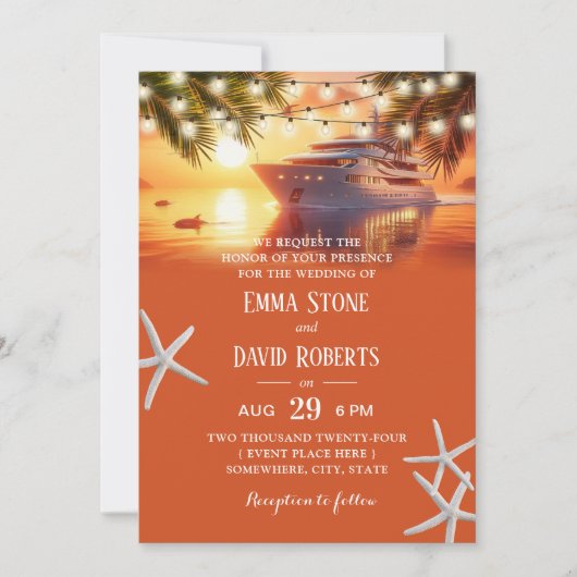 Invitation Sunset Yacht & Palm Trees Plage tropicale Mariage (Devant)