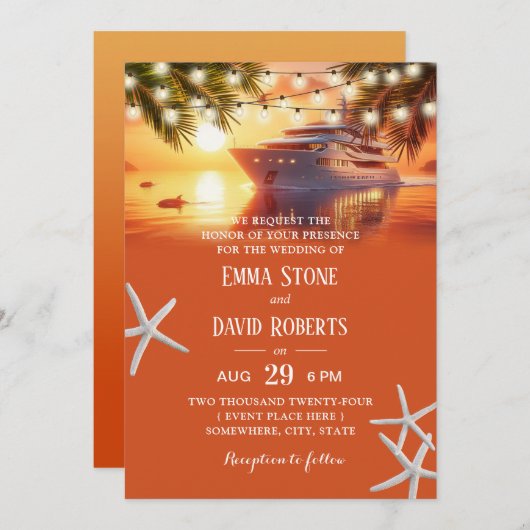 Invitation Sunset Yacht & Palm Trees Plage tropicale Mariage (Devant / Derrière)