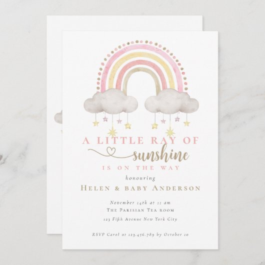 Invitation Sunshine Boho rose Rainbow Girl Baby shower (Devant / Derrière)