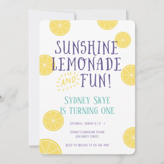 Invitation Sunshine Lemonade et Fun anniversaire de enfant pa (Devant)