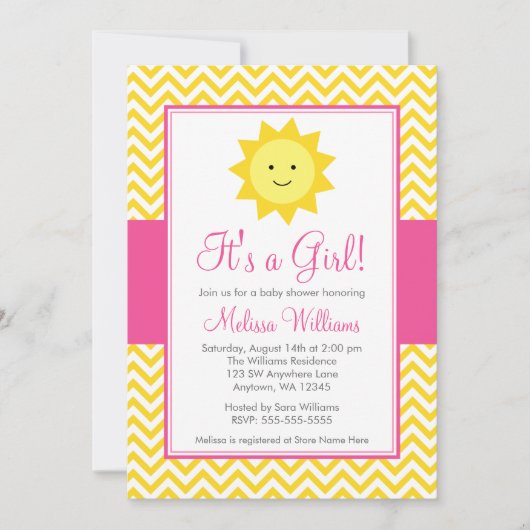 Invitation Sunshine rose jaune Chevron Baby shower fille (Devant)