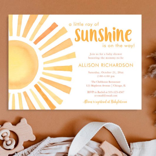 Invitation Sunshine sexe neutre tons muets baby shower dans