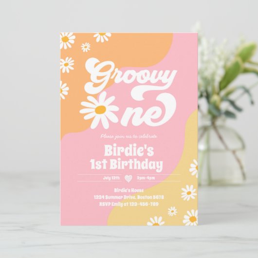Invitation Super 1 fête d'anniversaire Boho Floral Daisy (Debout devant)