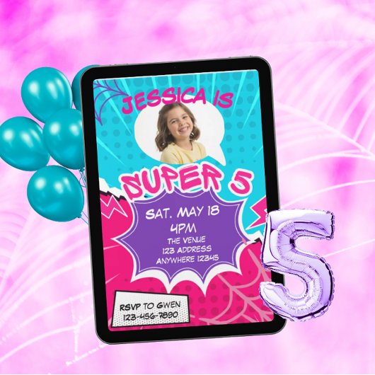 Invitation Super 5 Pink Purple Web Comic 5th Birthday 