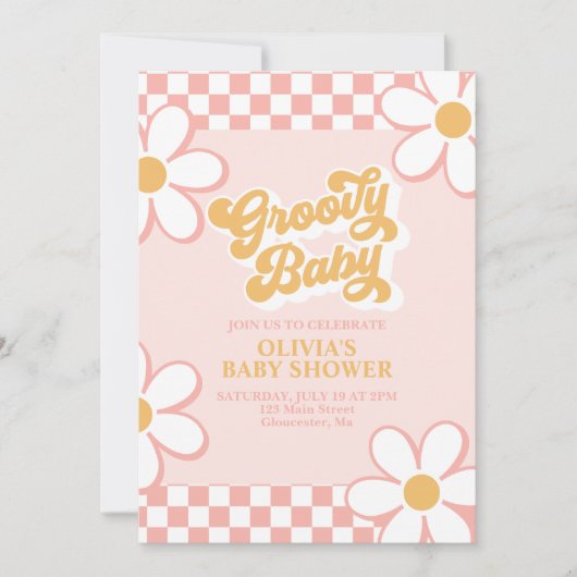 Invitation Super Baby Retro Check Rose Daisy (Devant)