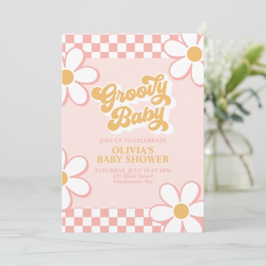 Invitation Super Baby Retro Check Rose Daisy (Debout devant)