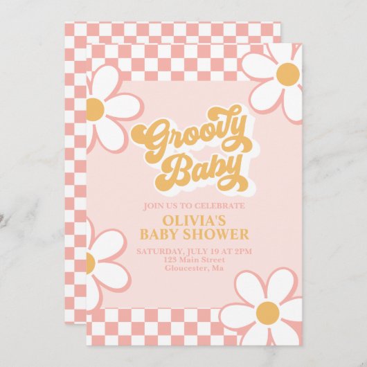 Invitation Super Baby Retro Check Rose Daisy (Devant / Derrière)