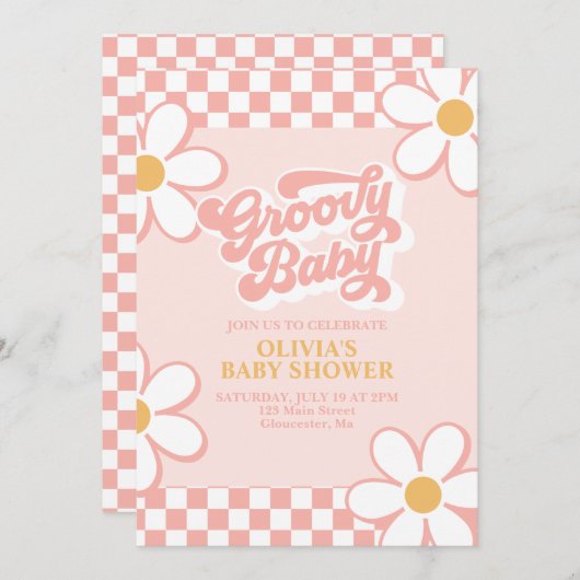 Invitation Super Baby Retro Check Rose Daisy (Devant / Derrière)