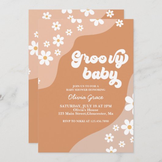 Invitation Super bébé Retro Daisy baby shower brun (Devant / Derrière)