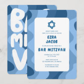 Invitation Super Blue Waves Star de David Custom Bar Mitzvah (Devant / Derrière)