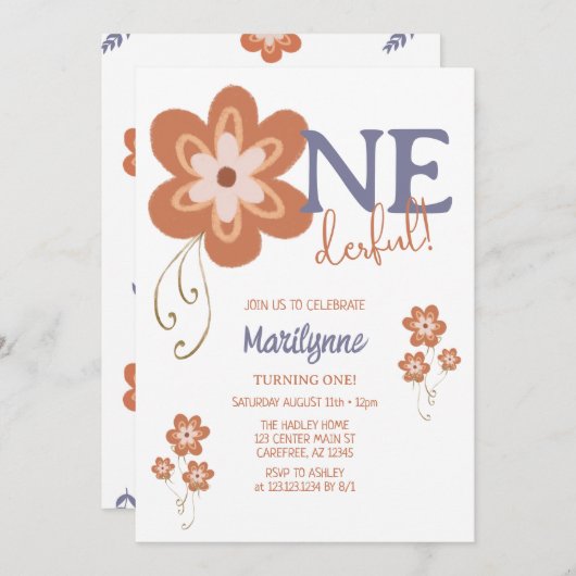 Invitation Super Boho Daisy Onederday Premier anniversaire (Devant / Derrière)