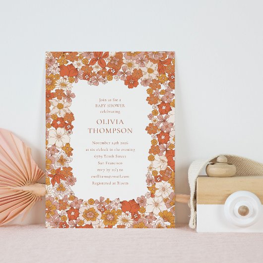 Invitation Super Boho Orange Floral Frame Cute Baby shower