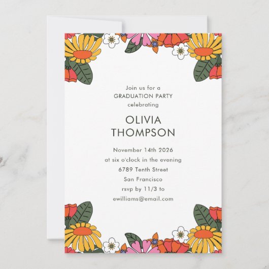 Invitation Super Boho Retro Flower Frame Graduation Party (Devant)