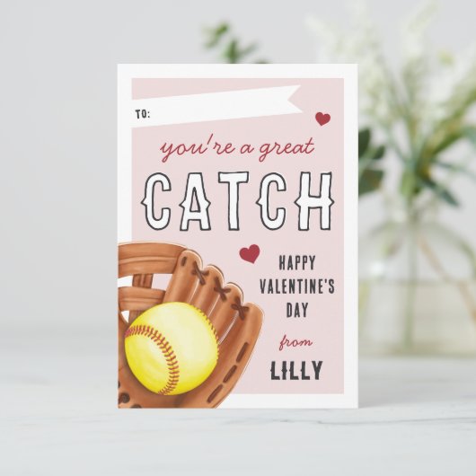 Invitation Super Catch Softball Classroom Valentines Day Card (Debout devant)