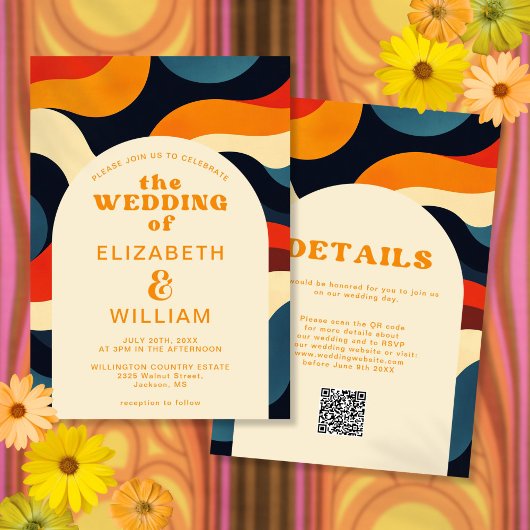 Invitation Super coloré rétro Wavy Boho QR Code Mariage