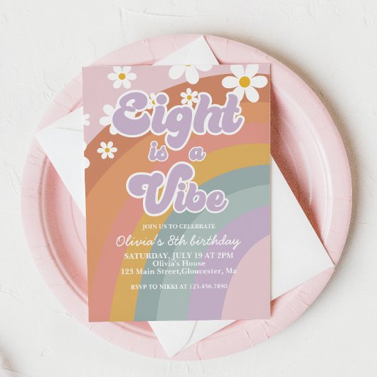 Invitation Super Eight est une vibe Retro Rainbow 8th Birthda