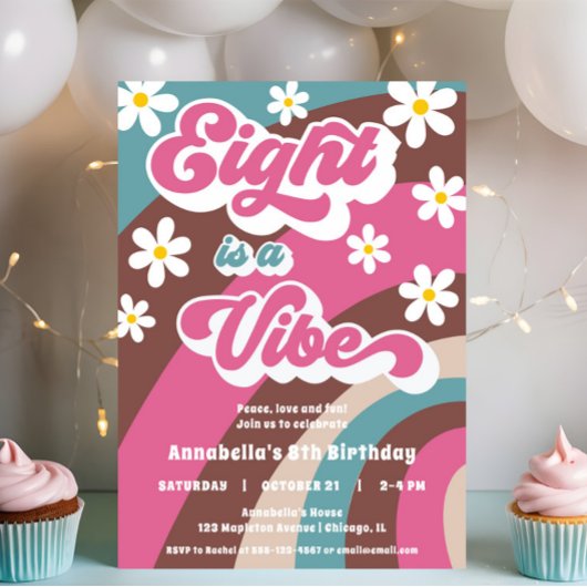 Invitation Super Eight est Vibe rose fille turquoise 8e anniv