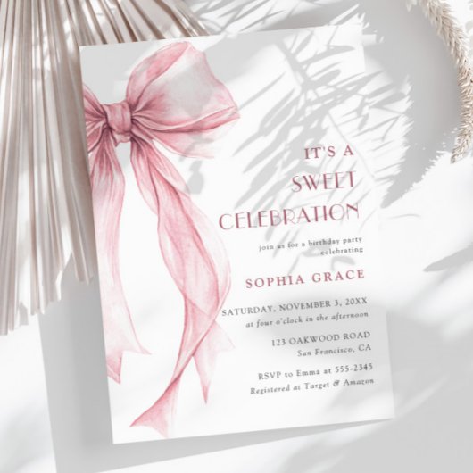 Invitation Super Elegant Coquette Rose Bow Girl Anniversaire