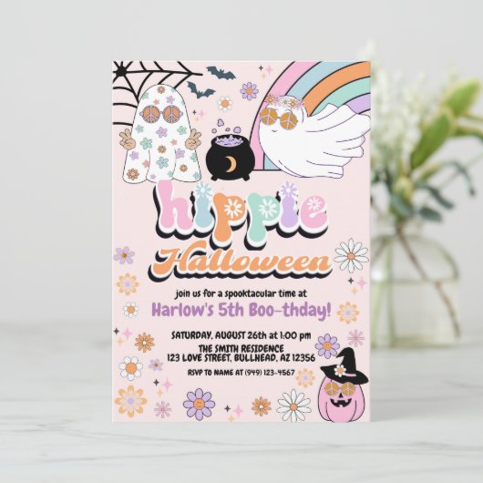 Invitation Super Fantôme Hippie Halloween Anniversaire (Debout devant)