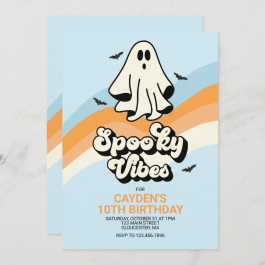 Invitation super Ghost retro Halloween Éffrayant Vibes Bleues (Devant / Derrière)