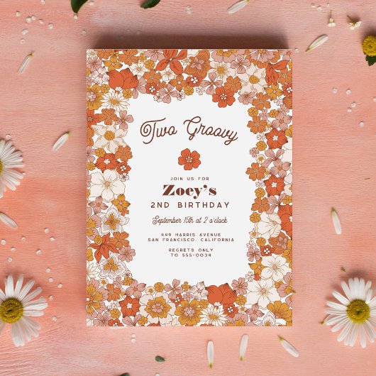 Invitation Super Hippie Floral Rose Orange Anniversaire