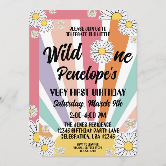 Invitation Super Hippy Sun & Daisy 1er Anniversaire (Devant / Derrière)