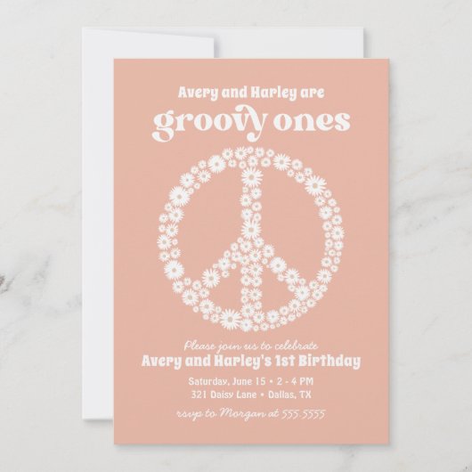 Invitation Super les années 70 Rose Daisy 1ère fête d'anniver (Devant)