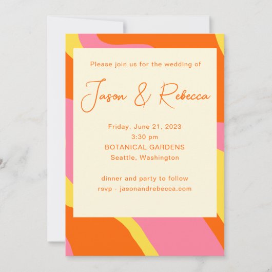 Invitation Super les années 70 rose orange tout en un Mariage (Devant)