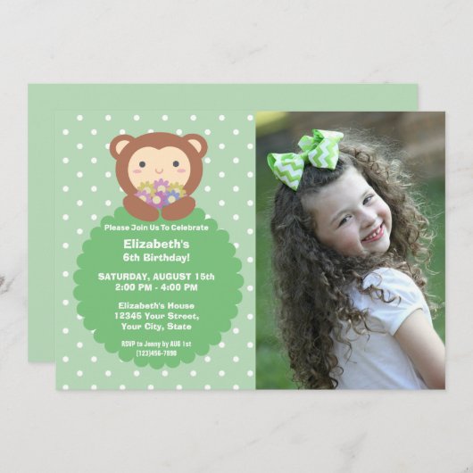 Invitation Super mignon singe et fleurs Anniversaire de enfan (Devant / Derrière)