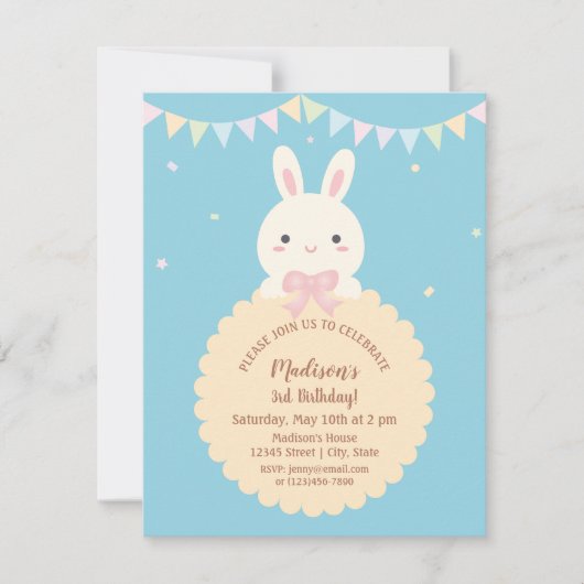 Invitation Super mignonne Kawaii Rabbit Baby Anniversaire de (Devant)