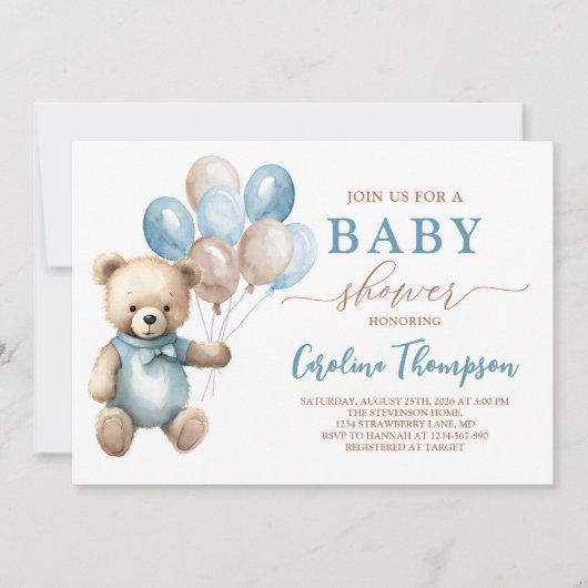 Invitation Super mignonne ours en peluche Boy Blue Pastel Bab (Devant)