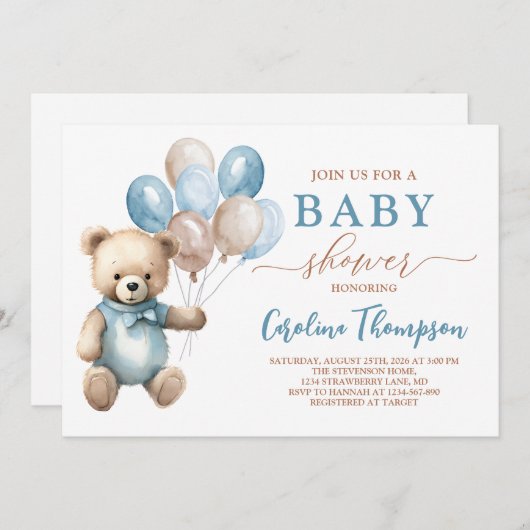 Invitation Super mignonne ours en peluche Boy Blue Pastel Bab (Devant / Derrière)