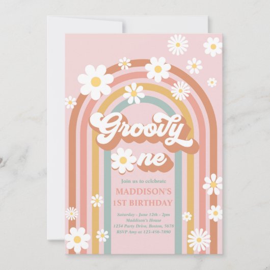 Invitation Super One Boho Daisy Rainbow 1er anniversaire (Devant)