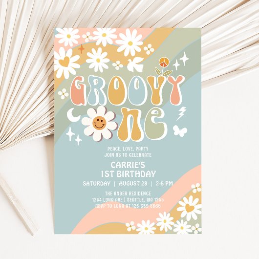 Invitation Super ONE Daisy Hippie 70's Retro 1er anniversaire
