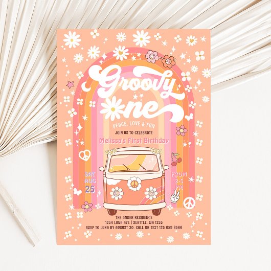 Invitation Super One Daisy Peach Rainbow 1er anniversaire