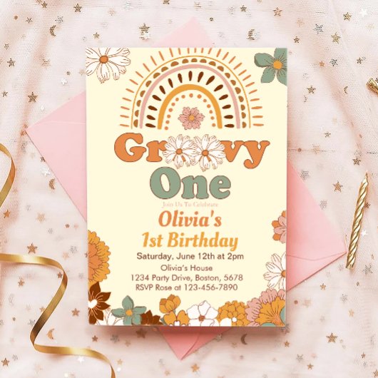 Invitation super One Floral Rainbow 1er anniversai