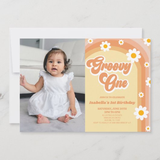 Invitation Super One Orange Retro Daisy 1ère fête d'anniversa