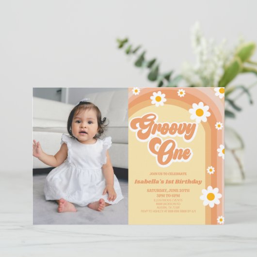 Invitation Super One Orange Retro Daisy 1ère fête d'anniversa (Debout devant)