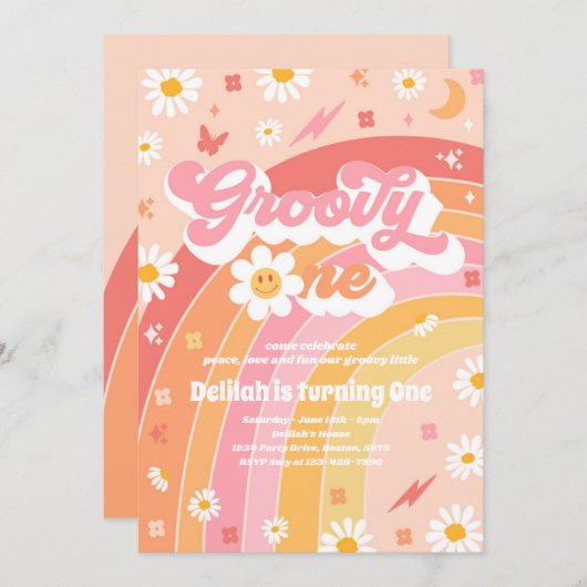 Invitation Super One Peace Love Party Rainbow Birthday Party (Devant / Derrière)