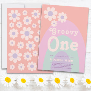 Invitation Super One Retro Daisy Rainbow 1er anniversaire