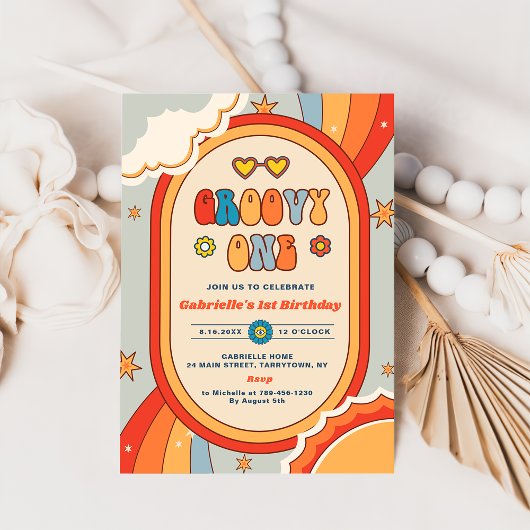 Invitation Super One Retro Rainbow 1er anniversaire