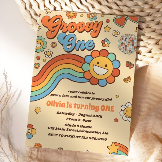 Invitation Super One Retro Rainbow 1er anniversaire