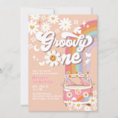 Invitation Super ONE Rose Daisy Rainbow Hippie 1er anniversai (Devant)