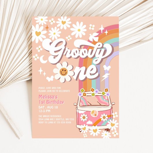 Invitation Super ONE Rose Daisy Rainbow Hippie 1er anniversai